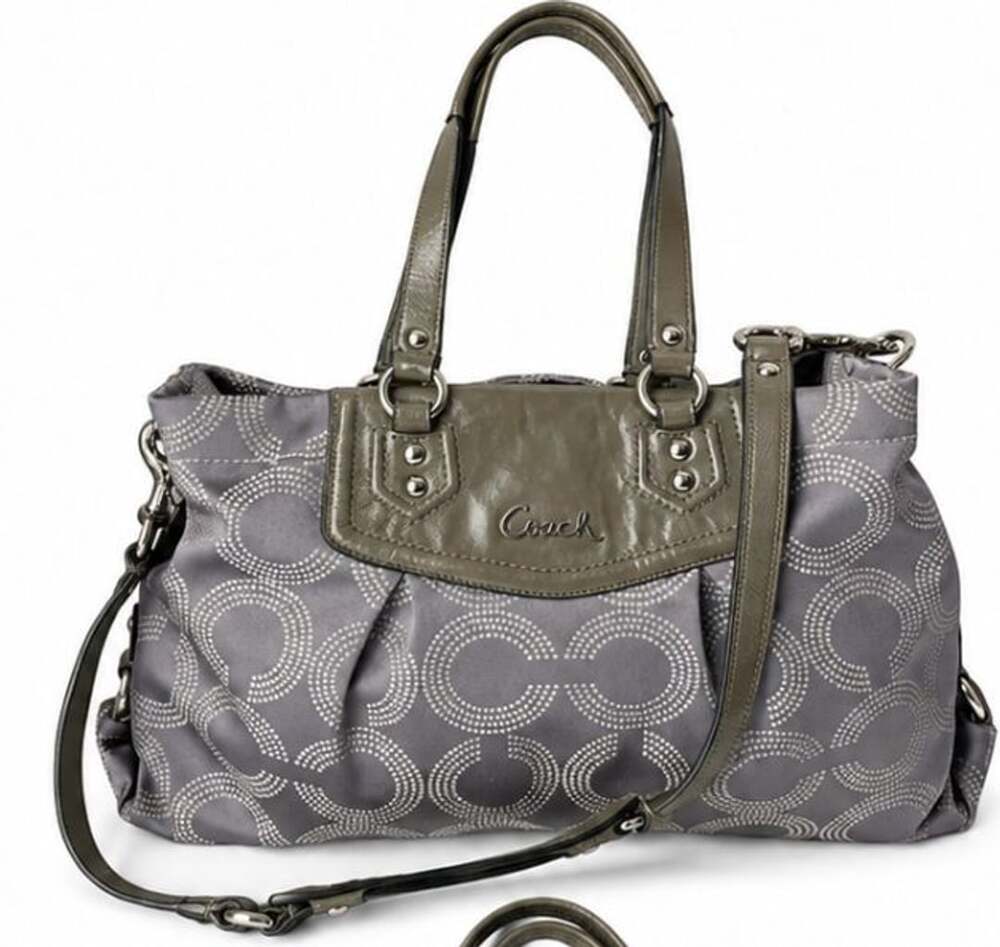 Coach Signature Dot Tote Women Large Grey F20049 Satchel Bag Olive Green Trim